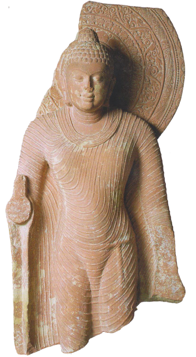 Bouddha debout (en grès rouge moucheté) de Mathura (Uttar Pradesh, Inde).