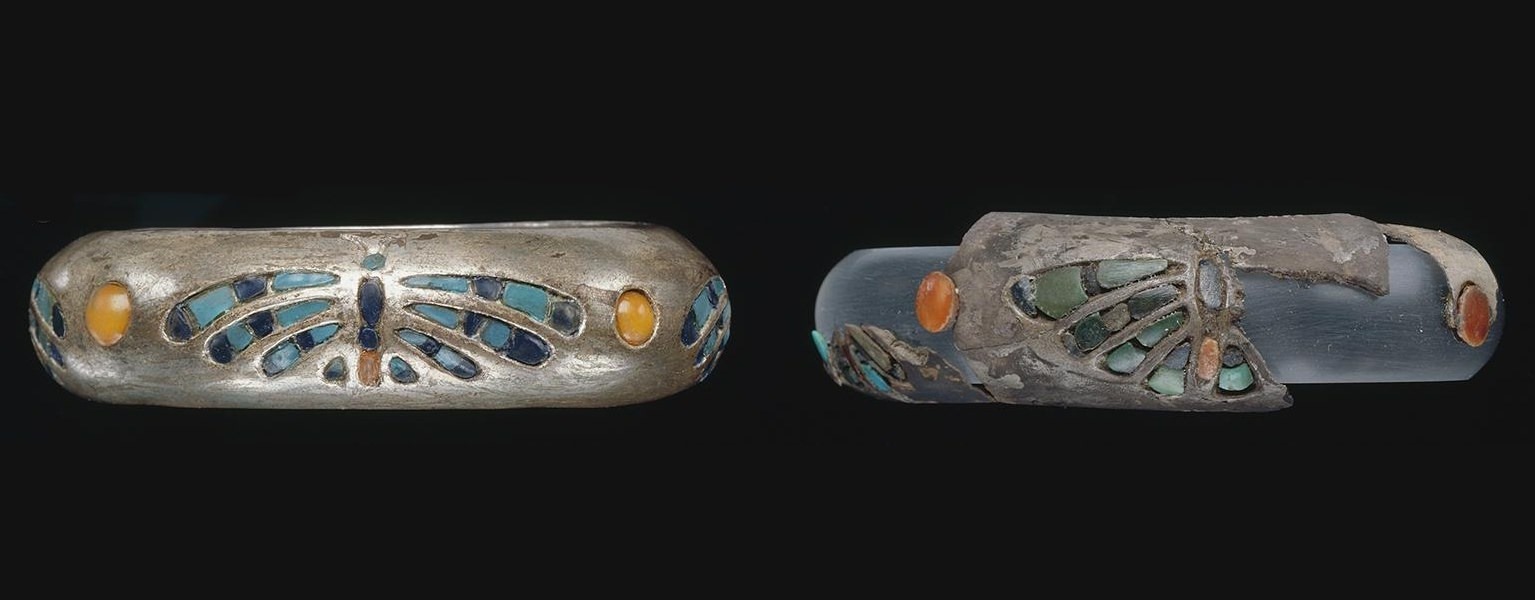 Bracelets égyptiens (à droite vieux de 4600ans, à gauche reproduction électrotypique de 1947).