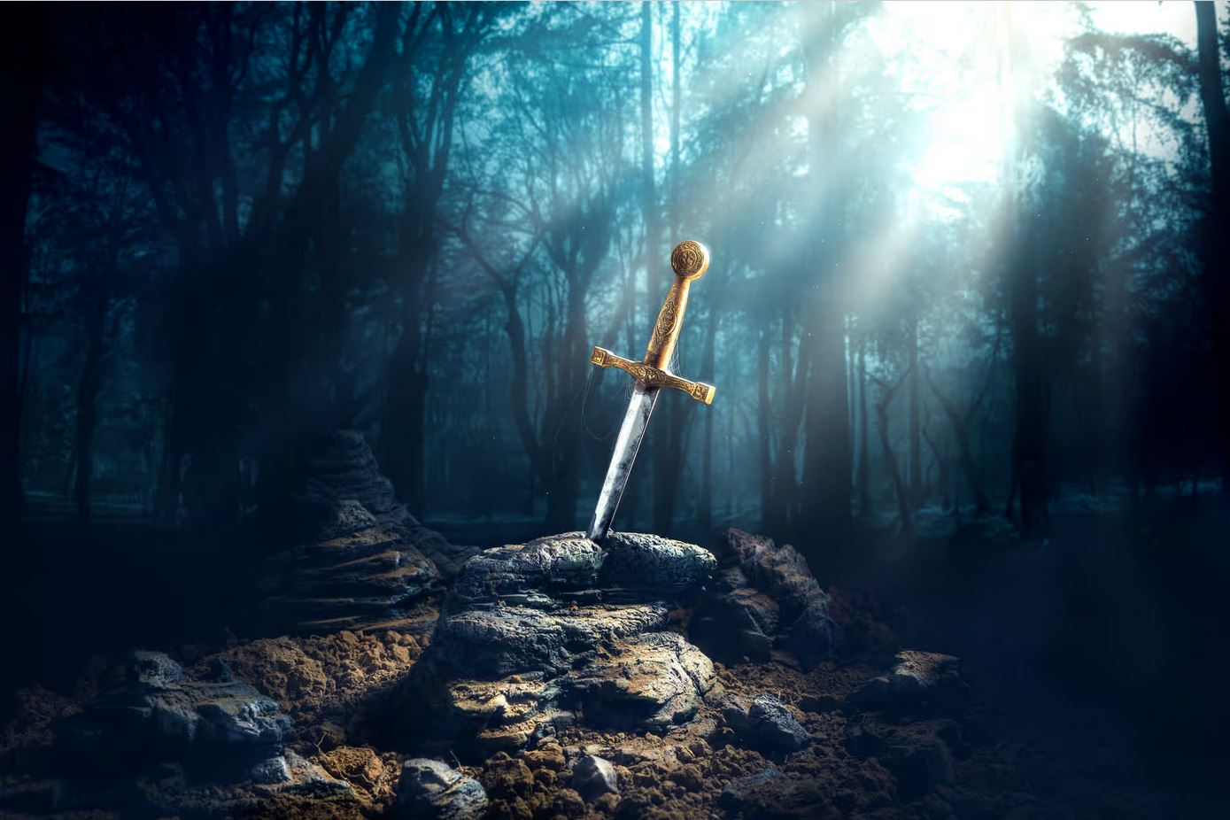 Épée Excalibur plantée dans la pierre, appartenant à Arthur, d'après le romancier Geoffroy de Monmouth, en l'an 1135 de notre ère.