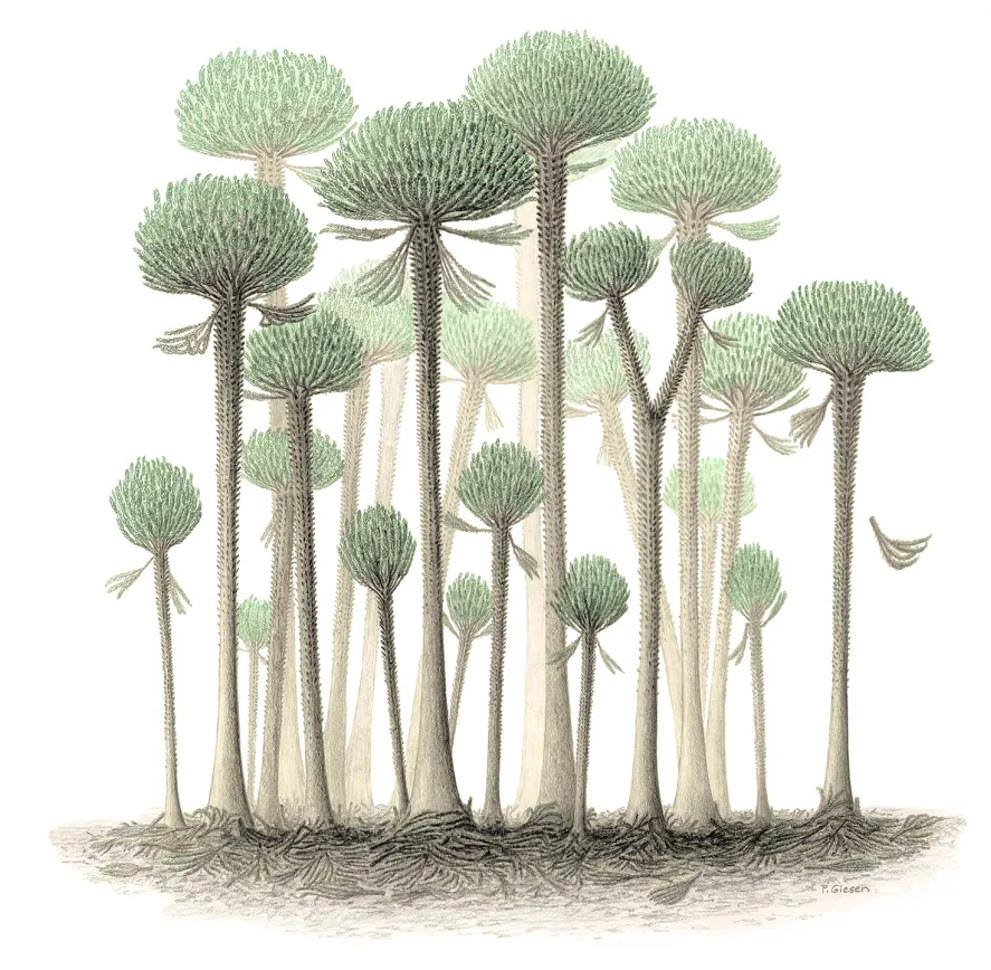 Forêt fossile ou forêt pétrifiée de l'espèce Calamophyton dans les falaises de Hangman près de Devon en Angleterre, il y a 390 millions d'années.