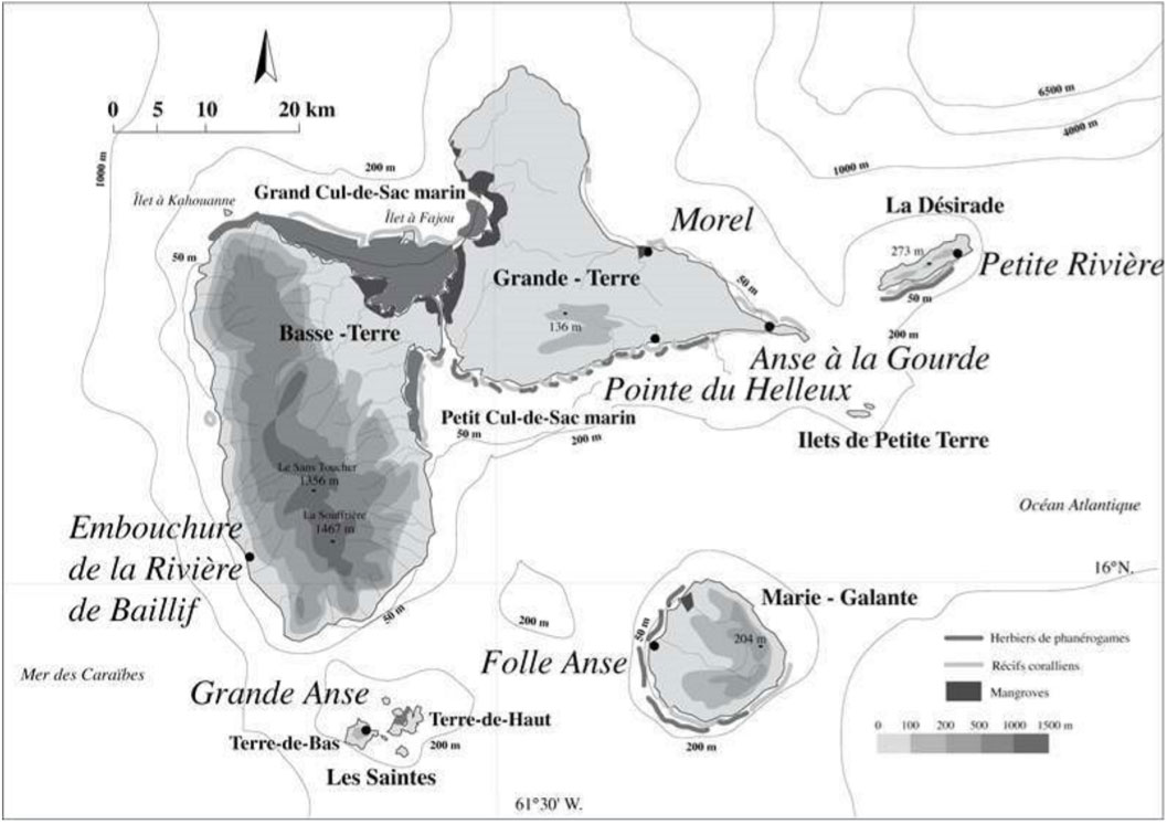 Cartographie de la Guadeloupe, dans les Petites Antilles.