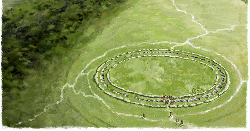 Rconstitution de l'enceinte circulaire à Flagsones en Angleterre, vieille de 5 200 ans.