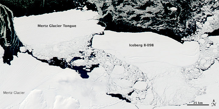 Collision entre B-9B et la langue du glacier Mertz vêlant (fragmentant) l'iceberg Mertz.