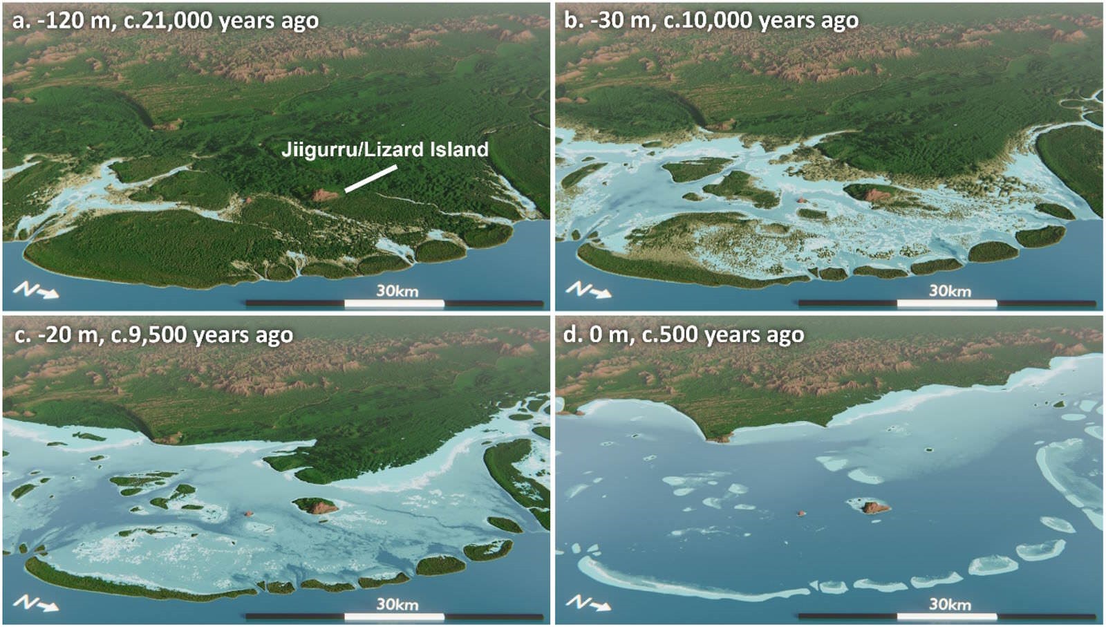 L'île Lizard proche de l'Australie, à diverses époques.