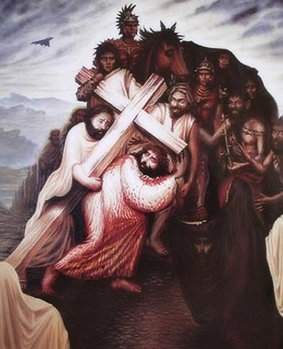 Jésus-Chrit, illusion d'optique portant la croix.