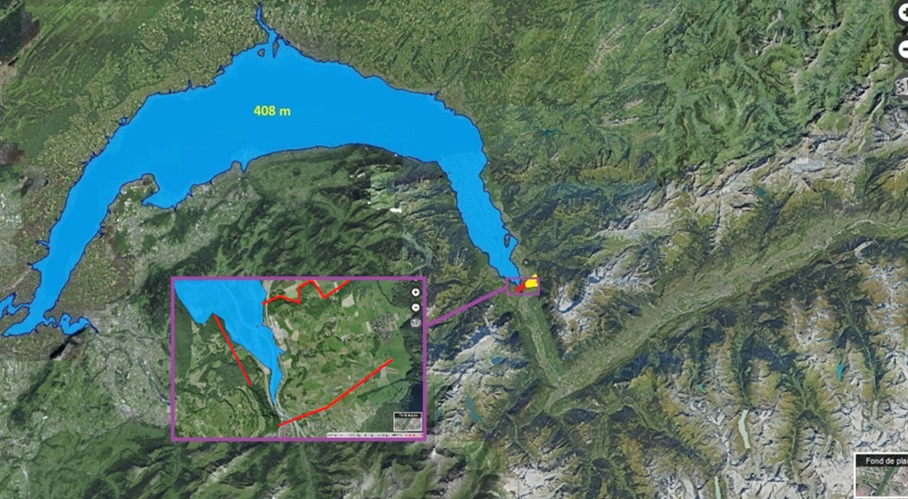 Lac Léman à l'altitude hypothétique de 408 mètres et effondrement