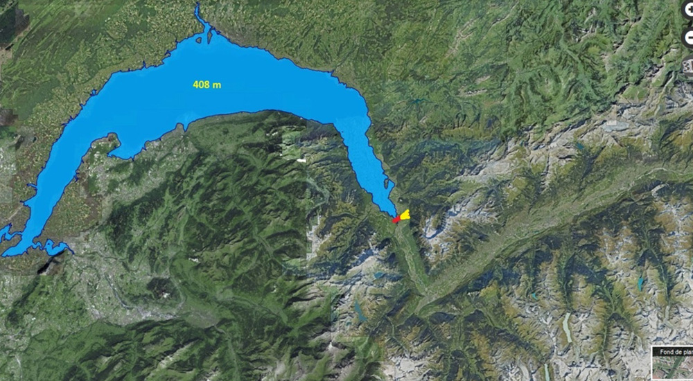 Lac Léman à l'altitude hypothétique de 408 mètres et effondrement