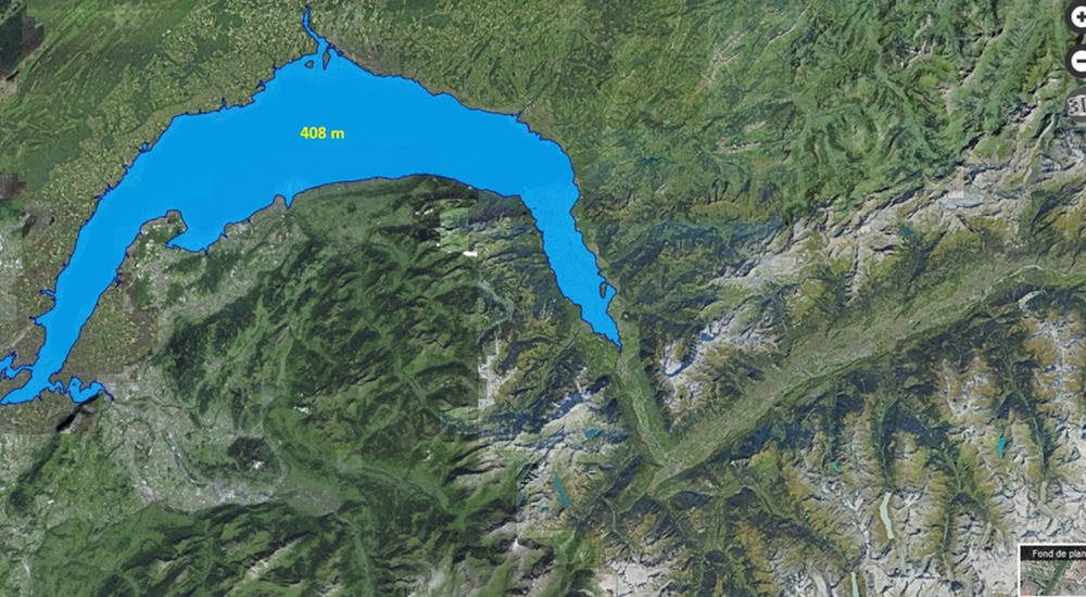 Lac Léman à l'altitude hypothétique de 408 mètres