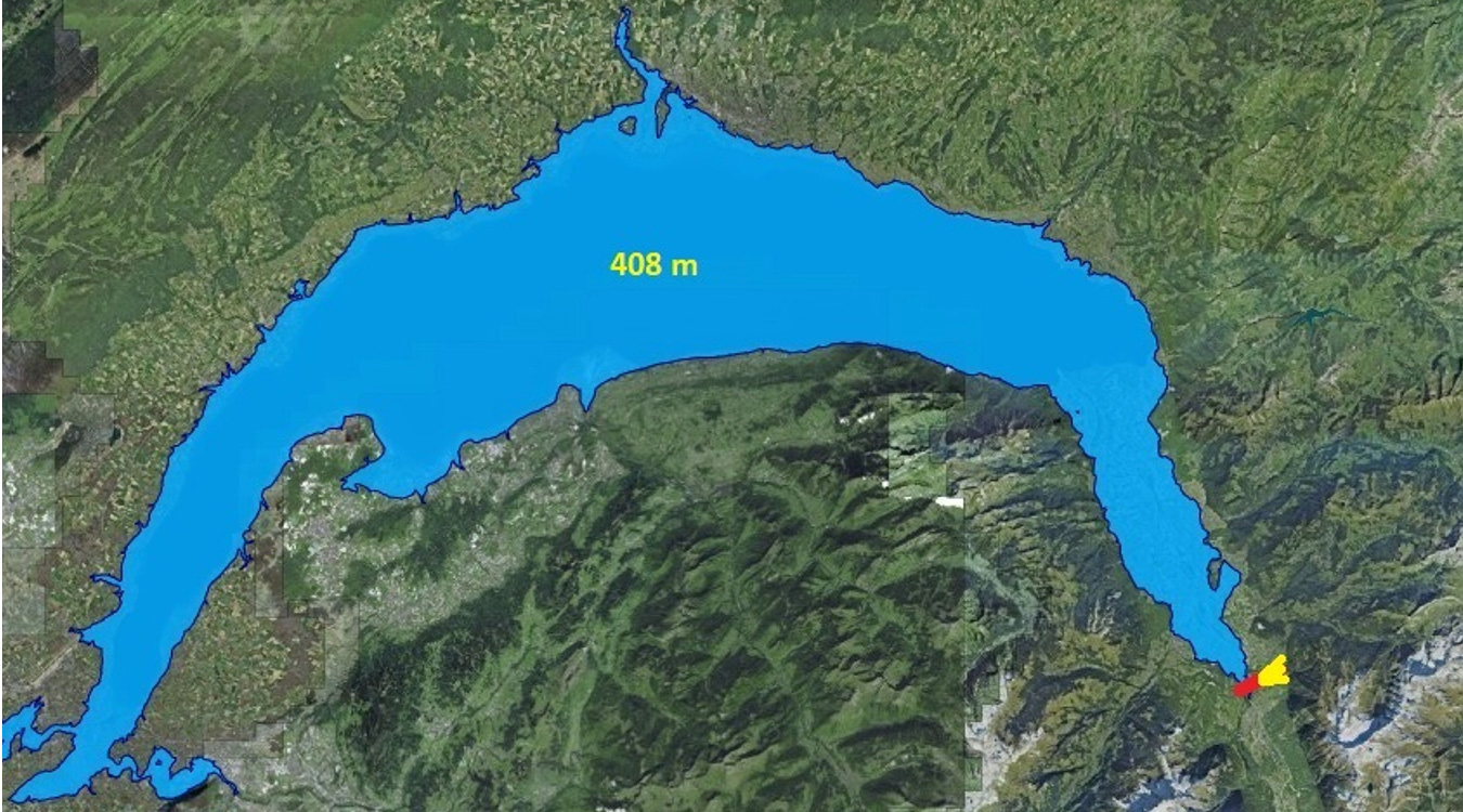 Lac Léman à l'altitude hypothétique de 408 mètres et effondrement