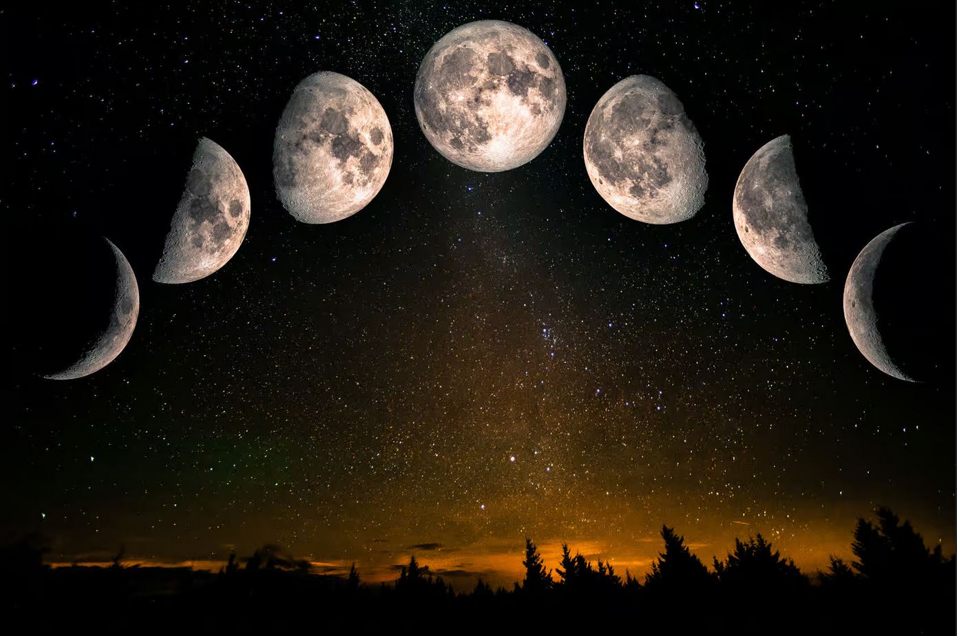 La lune dans tous ses états (croissant, nouvelle lune & pleine lune).