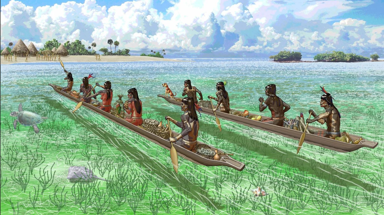 Marchands caribéens en pirogue, aux Bahamas, en mer des Caraïbes, il y a 7 000 ans.