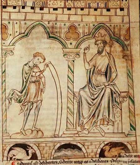 Le jeune Merlin édicte une prophétie au roi Vortigen. Illustration du “Prophetiae Merlini”, de Geoffroy de Monmouth.