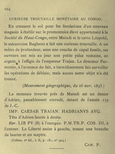 Article de presse notifiant la mise au jour d'une monnaie romaine en argent dans le Haut-Congo.