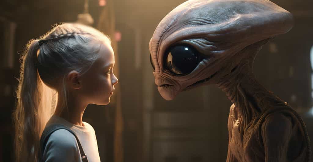 Echange de regard entre une petite fille humaine et une entité biologique extraterrestre.