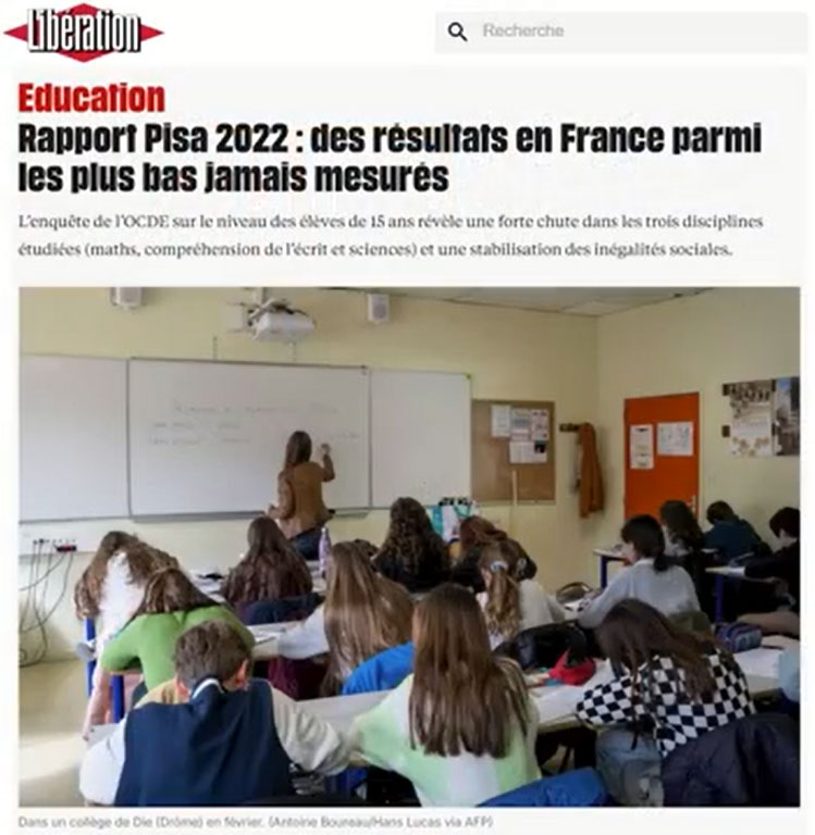 Rapport Pisa 2022 sur le niveau scolaire en maths, compréhension de l'écrit et sciences (Journal Libération).