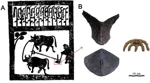 Charrue à bœufs (A). Outil agricoles 'Hua' pour abattre le sol et 'Pa' pour niveler le sol (B). En Chine, il y a 10 000 ans.