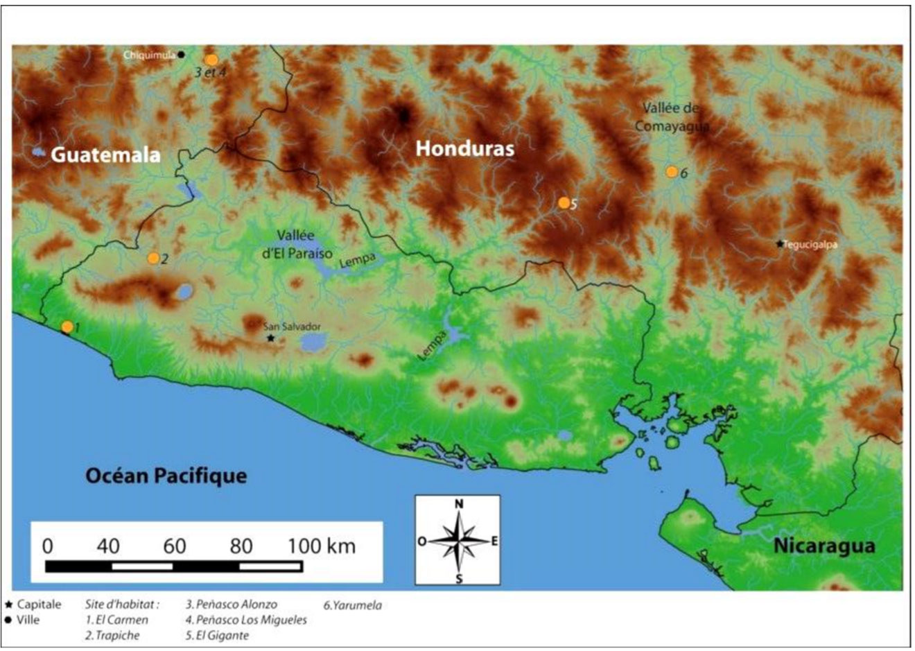 Cartographie des sites d'habitat du Salvador, il y a 3400 ans (El Carmen, Trapiche, Peñnasco Alonzo, Peñasco Los Migueles, El Gitante, Yanumela).