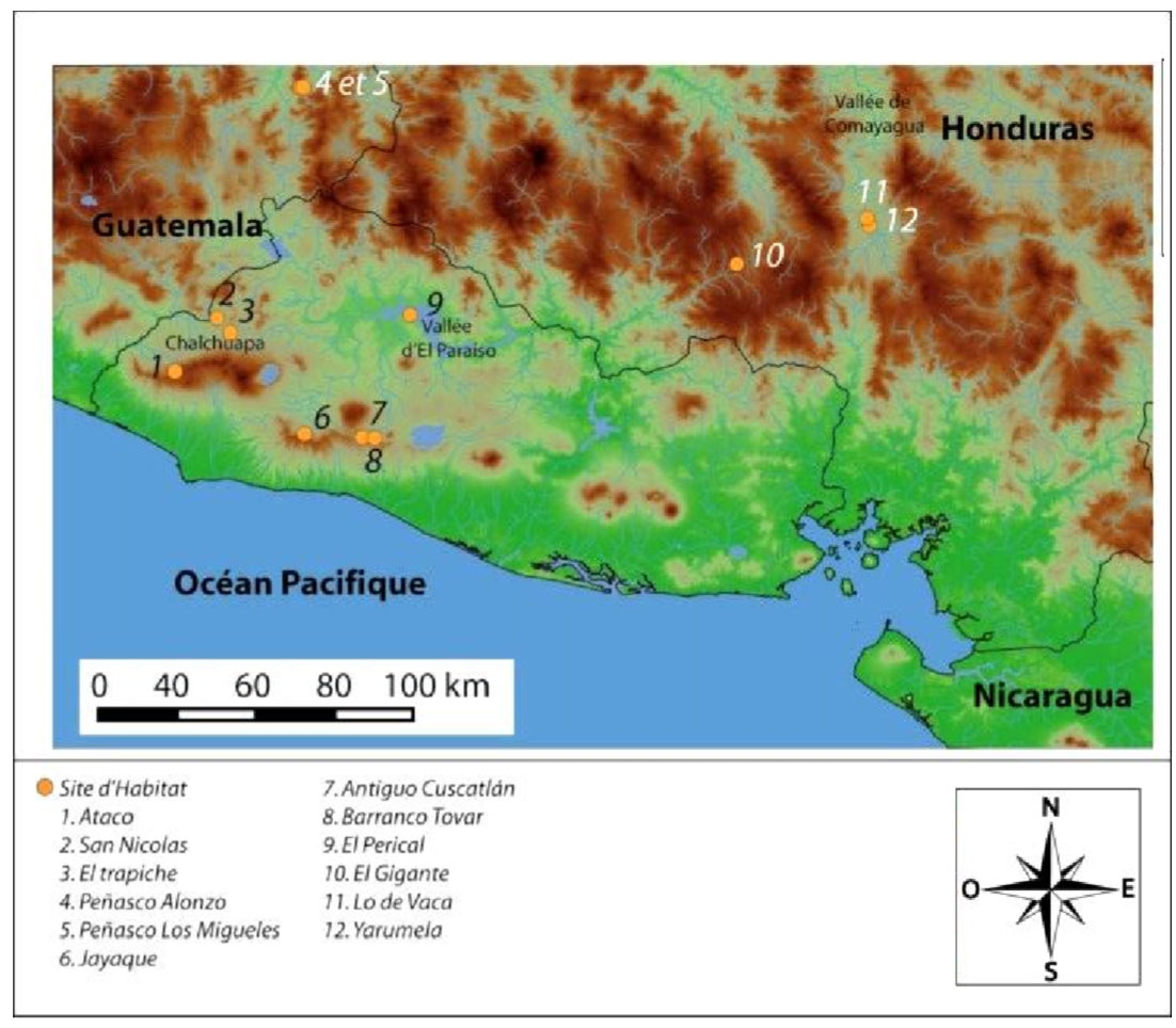Cartographie des sites d'habitat du Salvador, il y a 2400 ans (Ataco, San Nicolas, El Trapiche, Peñnasco Alonzo, Peñasco Los Migueles, Jayaque, Antiguo Cuscatlán, Barranco Tovar, El Perical, El Gitante, Lo de Vaca, Yarumela).