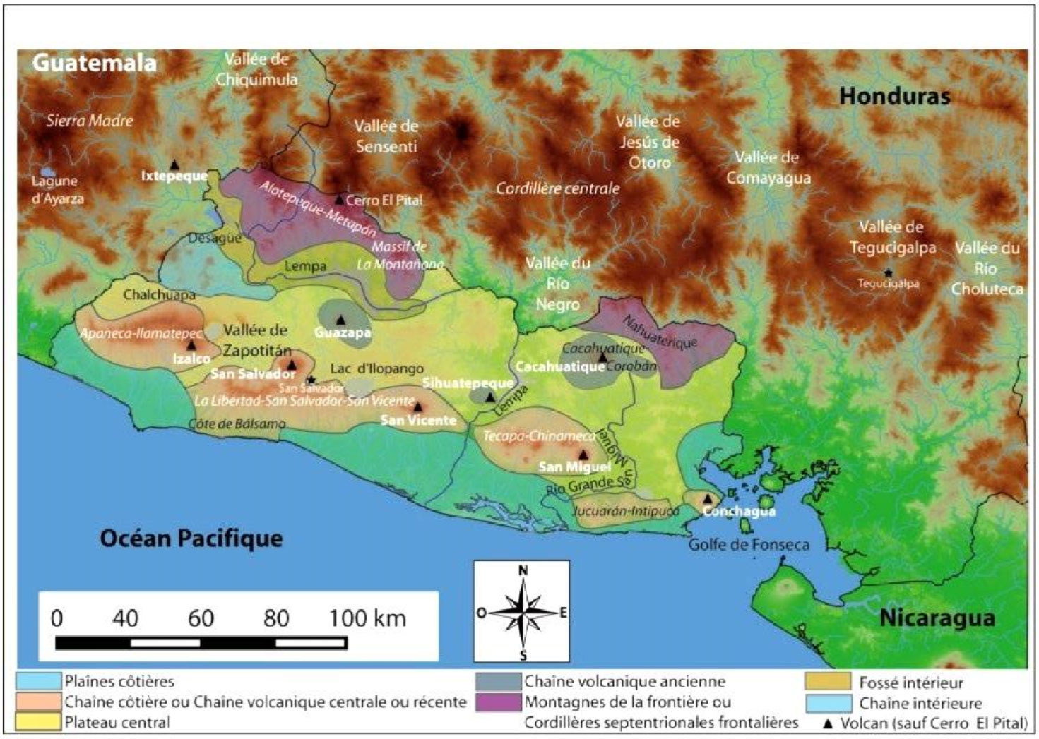 Carte des unités g&eavute;omorphologiques du Salvador.