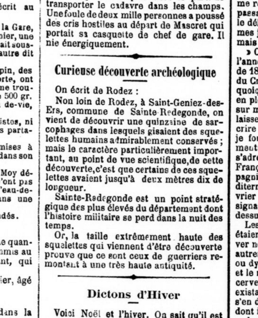 Quinze sarcophages près de Rodez, d'après le journal Le Guetteur de Saint-Quentin et de l'Aisne, en 1897.