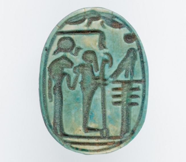Dieux Ptah & Sakhmet sur un sceau égyptien en forme de scarabée, en Israël, vieux de 3 300 ans.