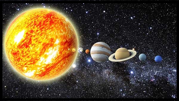 Soleil, Mercure, Vénus, Terre, Mars, Jupiter, Saturne, Uranus, Neptune.