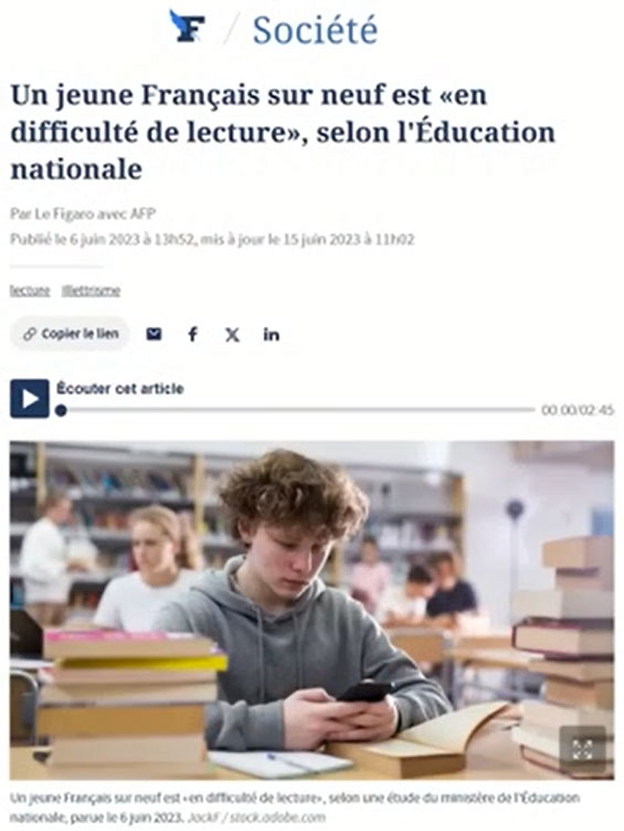 Un Français sur neuf, des difficutés de lecture (Journal Figaro).