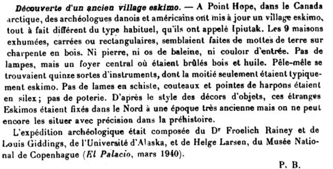 Article de presse du journal El Palacio, à Itiupak vers l'Alaska aux Etats-Unis ou au Canada.